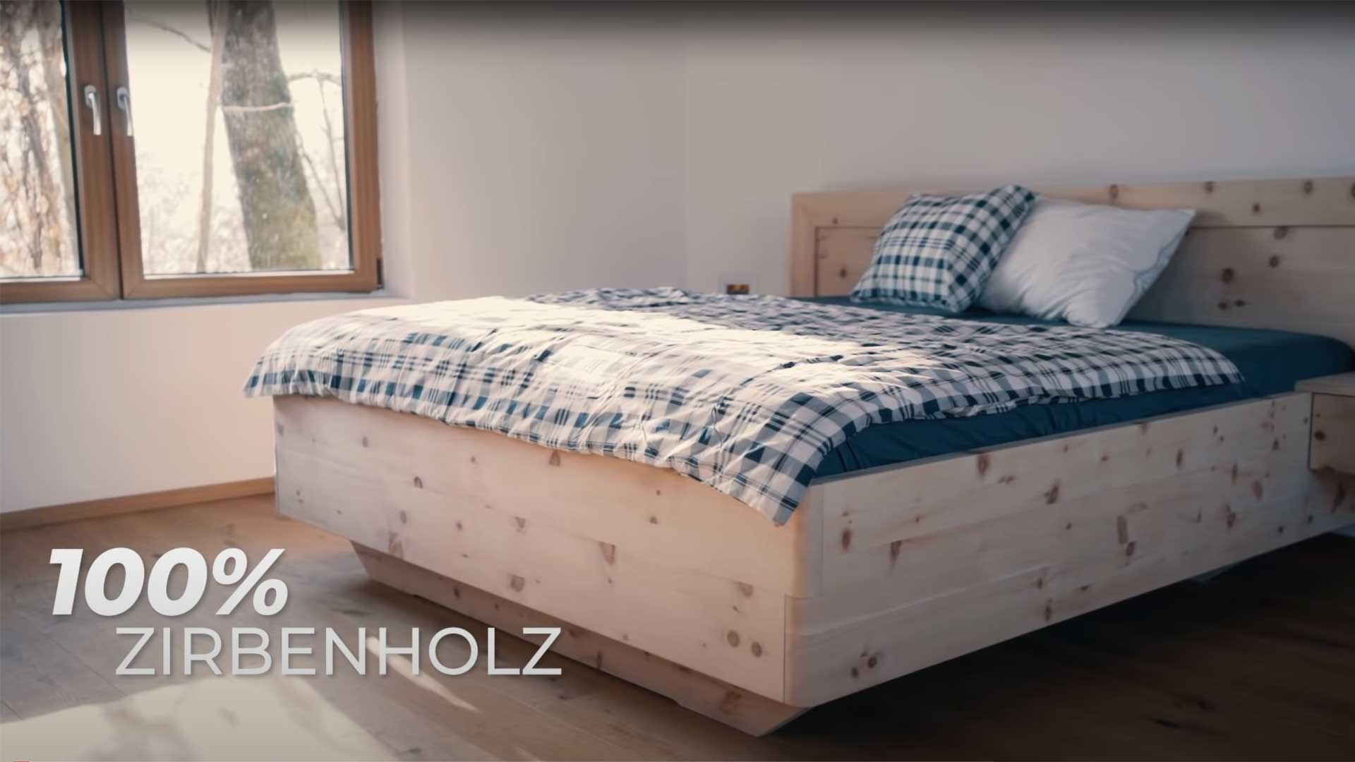 100% Zirbenholz Zirbenvollholz handgefertigt Zirbenbett Zirbendoppelbett Bett aus Zirbenholz Holzbett Deutschland Schweiz Bayern
